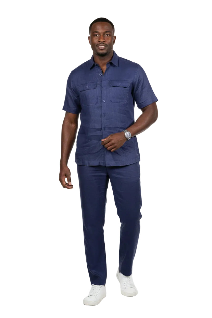Prestige Navy Blue Linen Outfit Set Pants and Shirt LUX-400 XL / Navy