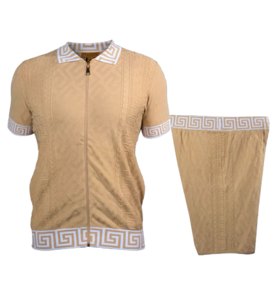 Prestige Beige Full Zipper Shirt & Short Set Greek Key Luxury Style SKJ-220