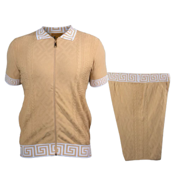 Prestige Beige Full Zipper Shirt & Short Set Greek Key Luxury Style SKJ-220