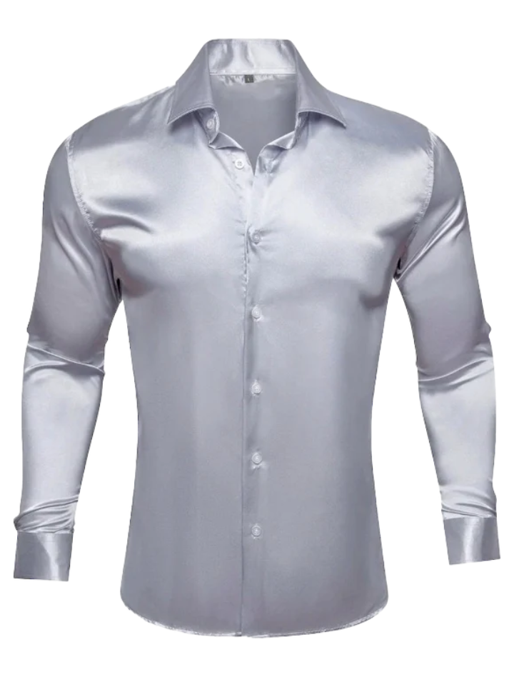 Sliver Grey Shiny Shirt Long Sleeves Slim Fit Satin Material, 2XL / Grey/Sliver / Slim Fit