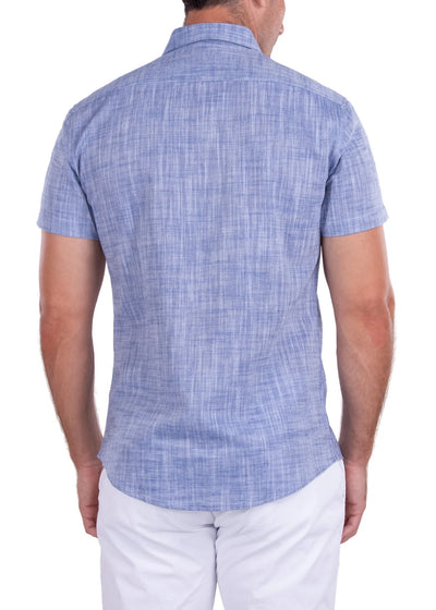 Men's Blue Linen Short Sleeve Button-Up Shirt Modern-FIT Style No-202120