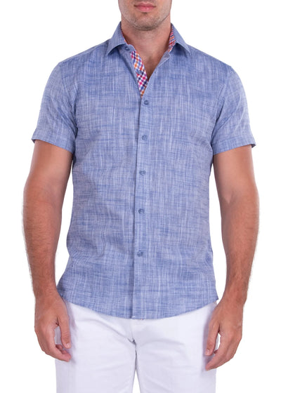 Men's Blue Linen Short Sleeve Button-Up Shirt Modern-FIT Style No-202120