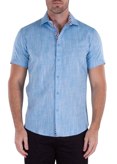 Men's Turquoise Linen Short Sleeve Button-Up Shirt Modern-FIT Style No-202120