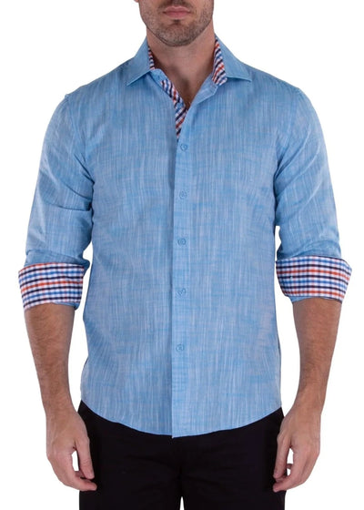 Men's Turquoise Solid Linen Long Sleeve Shirt Modern-FIT Style No-202238