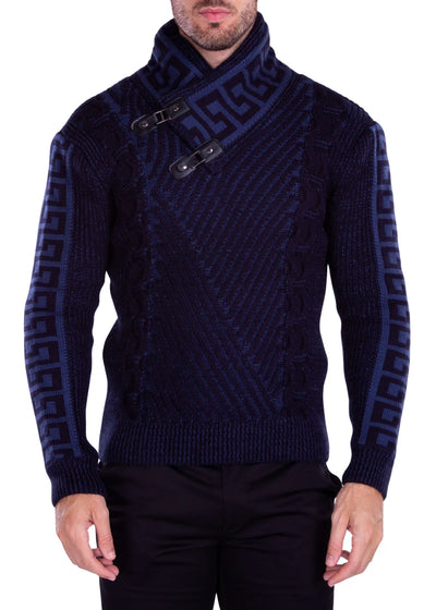 Navy Blue Pullover Men's Greek Key Sweater Shawl Collar Style No-215105