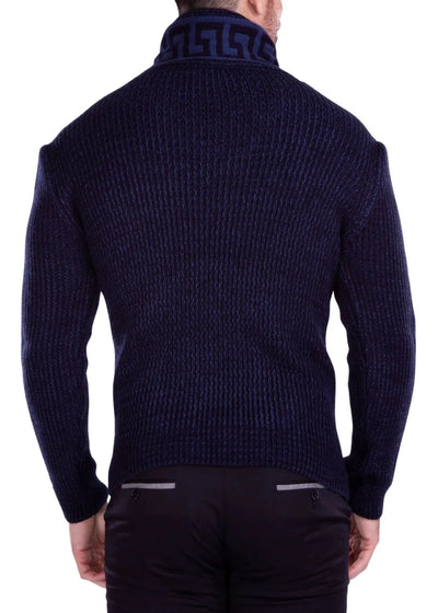 Navy Blue Pullover Men's Greek Key Sweater Shawl Collar Style No-215105