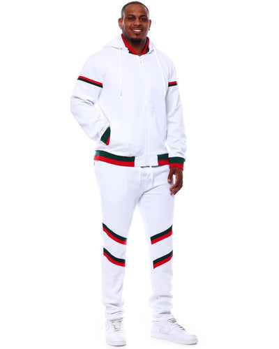 Premium GG Men's White Jogging Set with Hoodie Jacket Red and Green Strip