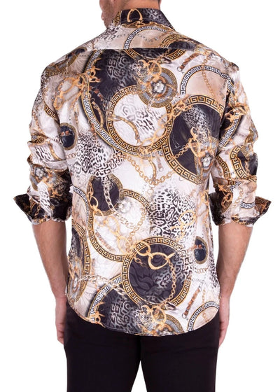 Men's Cheetah & Chain Silk Texture Long Sleeve Dress Shirt White Color