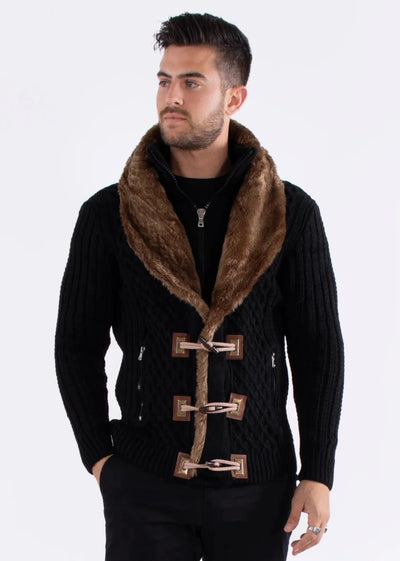 Men's Black Zip-Up Sweater with Fur Collar Zipper Pockets