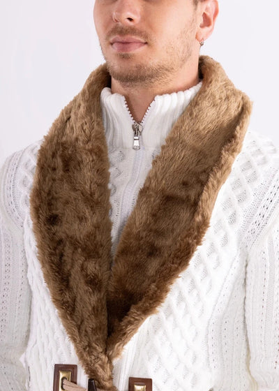 White Men's Sweaters with Fur collar Zipper Pockets