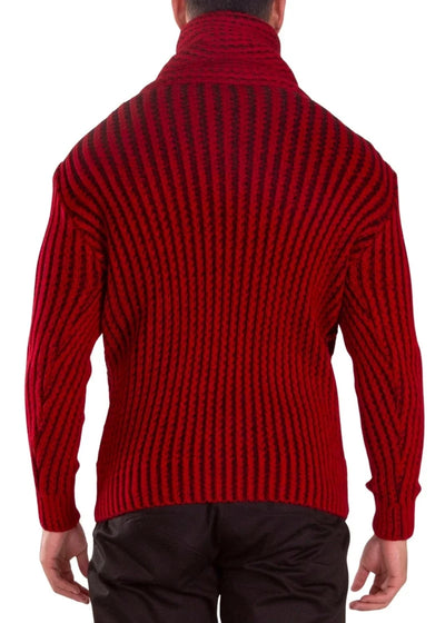 Red Pullover Men's Sweater Shawl Collar and Faux Leather Buttons
