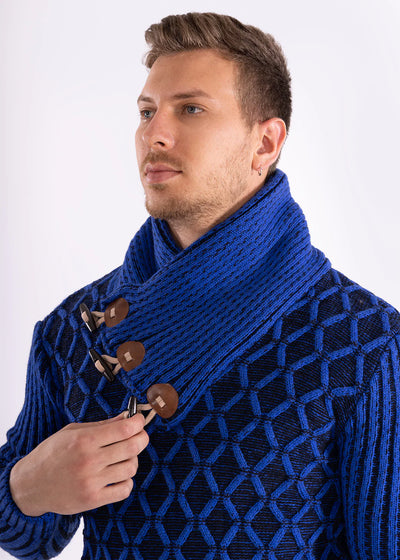 Men's Royal Blue Pullover Sweater Clasp Shawl Collar High-Neck Sweater