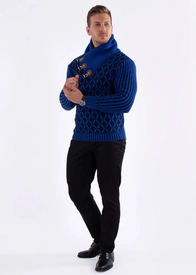 Men's Royal Blue Pullover Sweater Clasp Shawl Collar High-Neck Sweater