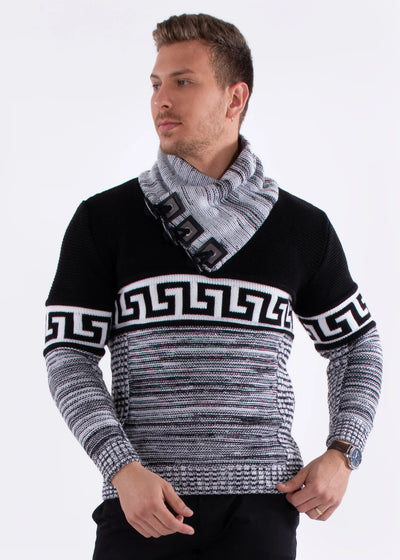 Men's Black Pullover Greek Key Sweater Shawl Collar fashion design