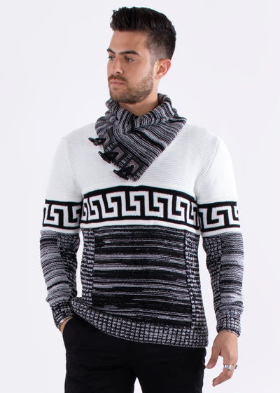 White Men's Pullover Sweaters Greek Key Shawl Collar Regular-Fit