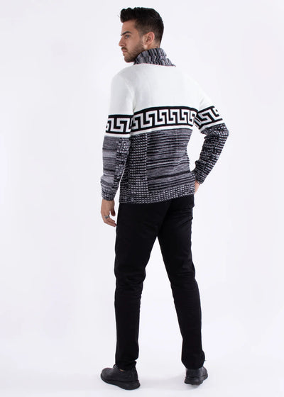 White Men's Pullover Sweaters Greek Key Shawl Collar Regular-Fit