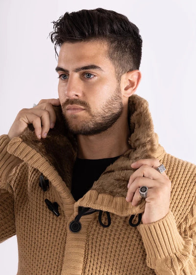 Men's Beige Khaki Turtleneck Jacket Winter Cardigan Men's Sweaters wit Fur