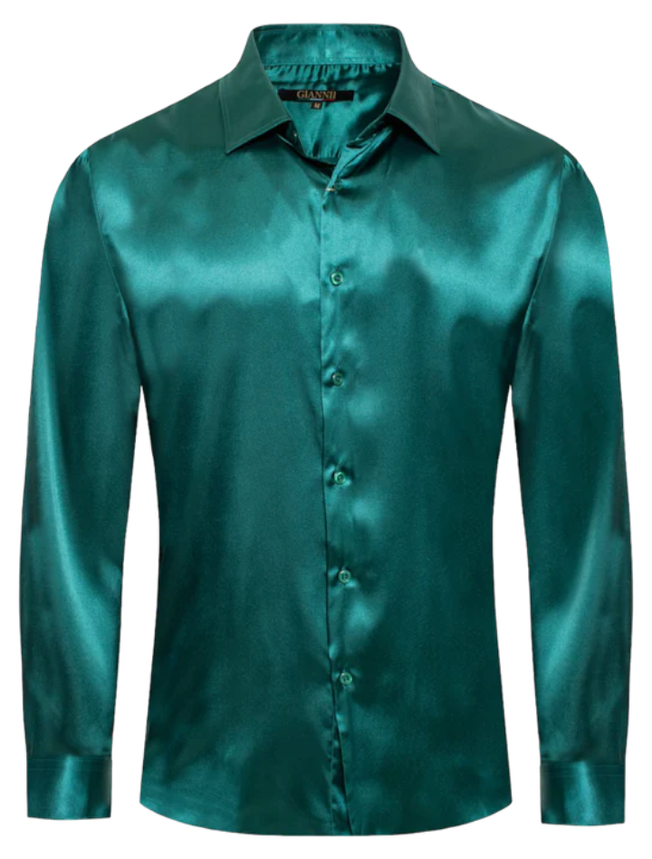 Men's Green Shiny Satin Silk Dress Shirt Long Sleeve Casual Slim Fit L Men's Green Shiny Satin Silk Dress Shirt Long Sleeve Casual Slim Fit L