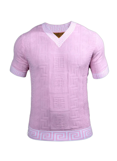 Prestige Pink Men's V-Neck T-Shirts Greek key Collar and Sleeves Fashion Style
