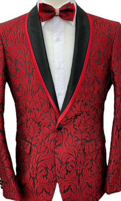 Red Men's Paisley Blazer Luxury Design Shall Lapel Slim-Fit with Bowtie