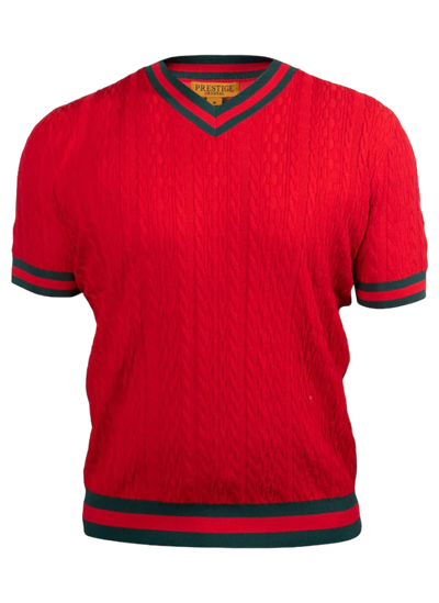 Prestige Red V-neck T-shirt red and green trim around the sleeve and collar