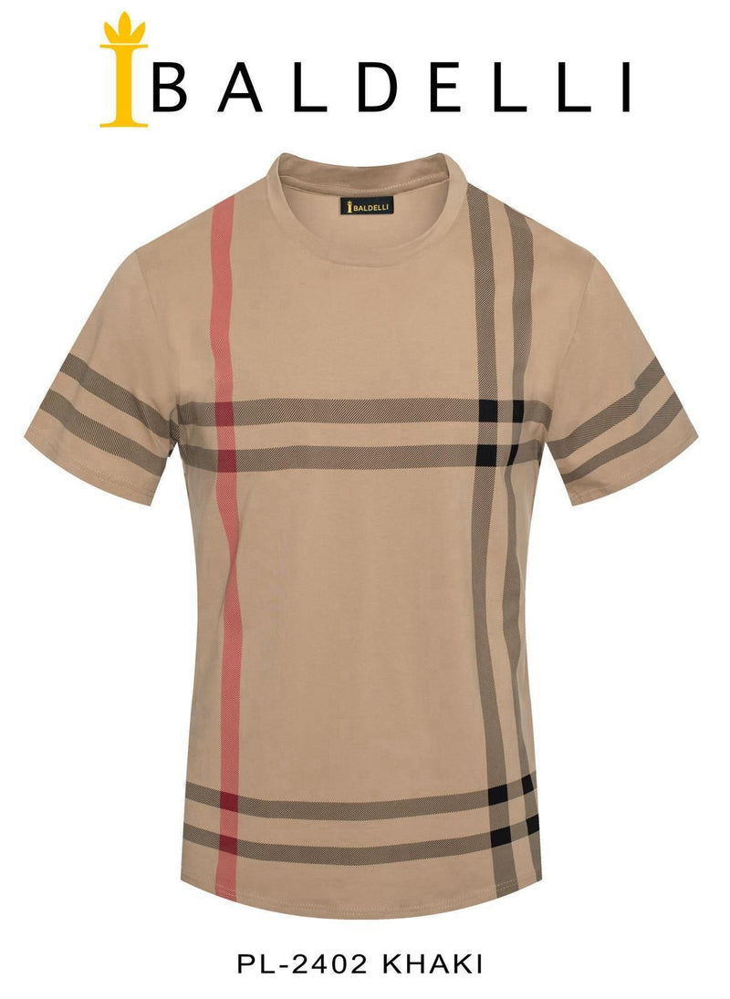 Men’s khaki plaid crewneck T-shirt 100% cotton Regular-Fit