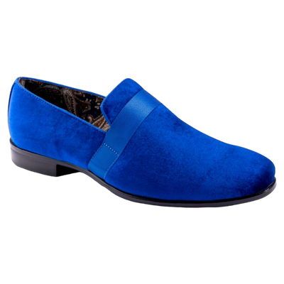 Royal Blue Velvet Men's Shoe Slip-on with a satin ribbon Loafer