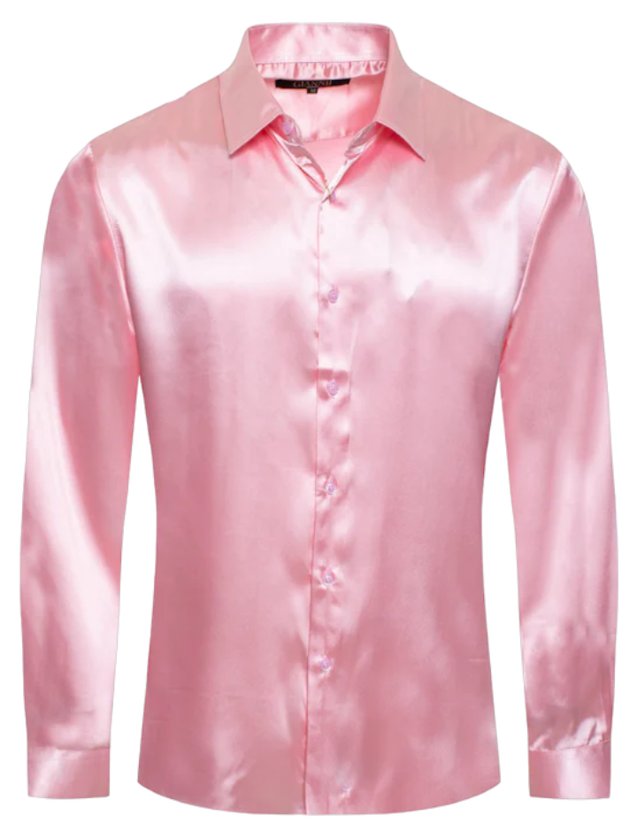 Pink Men's Shiny Satin Silk Dress Shirt Long Sleeve Casual Slim Fit DESIGN MENSWEAR Pink Men's Shiny Satin Silk Dress Shirt Long Sleeve Casual Slim Fit DESIGN MENSWEAR