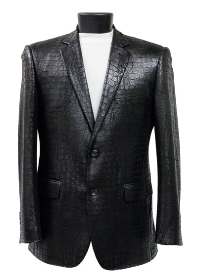 Bassiri Black Men's Alligator Embossed Blazer PU Leather Regular-Fit