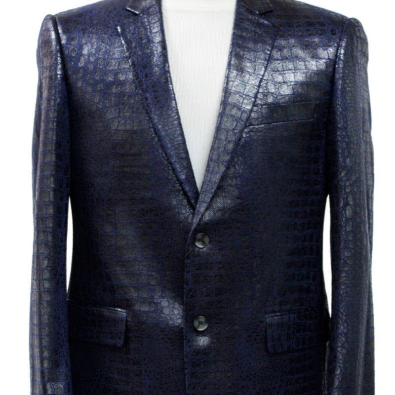 Bassiri Navy Blue Faux Alligator Embossed Leather Classic-Fit  Men&
