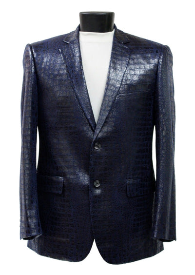Bassiri Navy Blue Faux Alligator Embossed Leather Classic-Fit  Men's Blazer