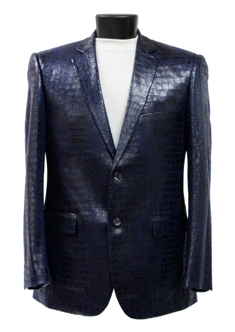 Bassiri Navy Blue Faux Alligator Embossed Leather Classic-Fit  Men&