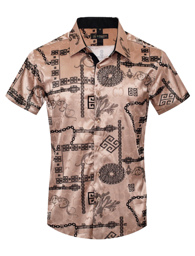 Beige Men's Graphic Design Short Sleeves Shiny Shirt Satin Material –  DESIGN MENSWEAR