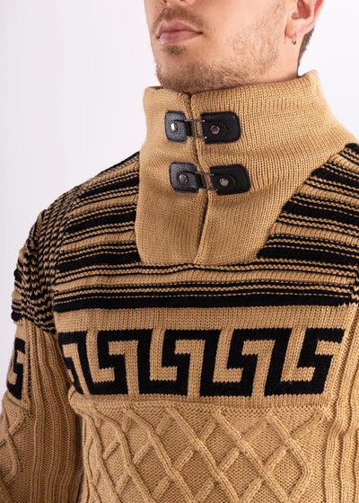 Beige Men's Knitted Sweaters Greek Key Pullover Men Turtleneck Style No-235131