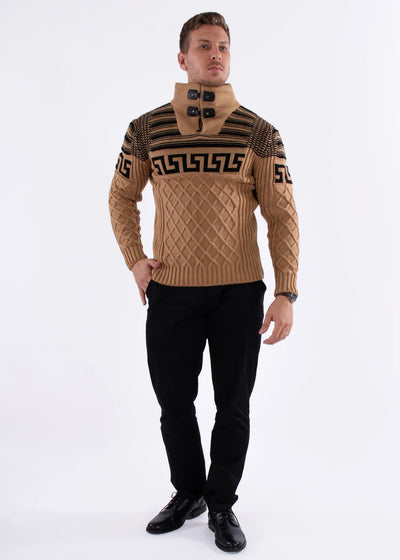 Beige Men's Knitted Sweaters Greek Key Pullover Men Turtleneck Style No-235131
