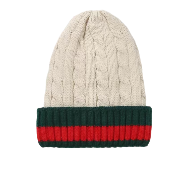 Beige Men's Winter knitted hat with green and red Striped Wool Beanie