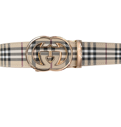 Beige Plaid Men's Fashion Design Luxury Leather Belt Gold Buckle