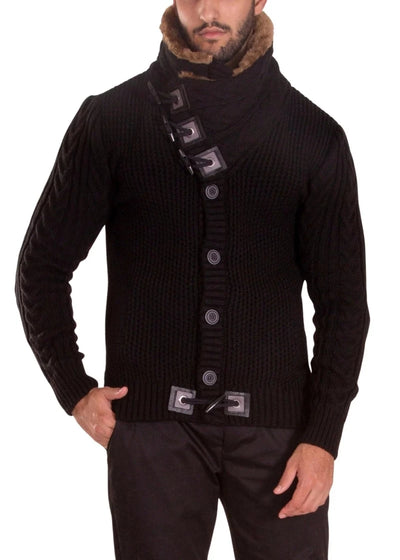 Black Men's Turtleneck Jacket Winter Cardigan Sweaters for Men with Fur