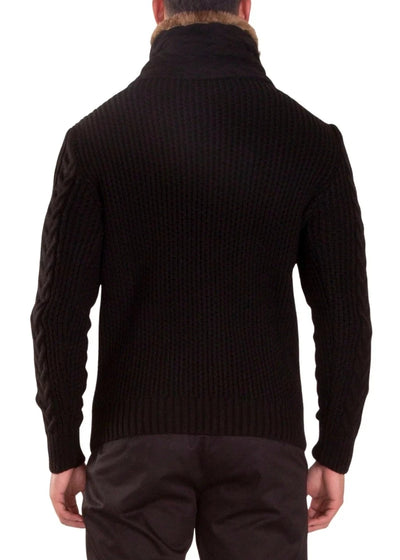 Black Men's Turtleneck Jacket Winter Cardigan Sweaters for Men with Fur