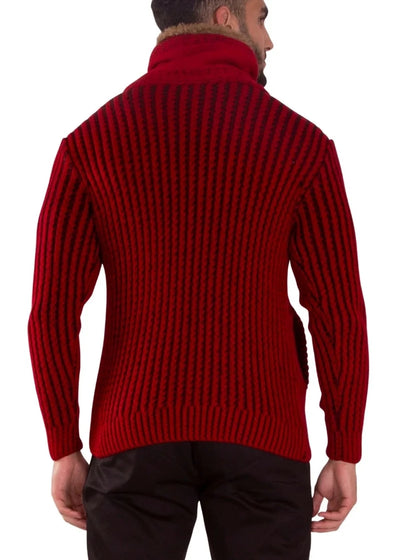 Red Men's Sweater Shawl Fur Collar Side Pockets High-Neck Pullover Sweater