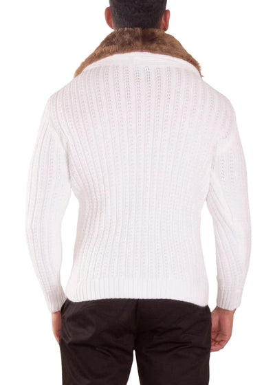 White Men's Sweaters with Fur collar Zipper Pockets