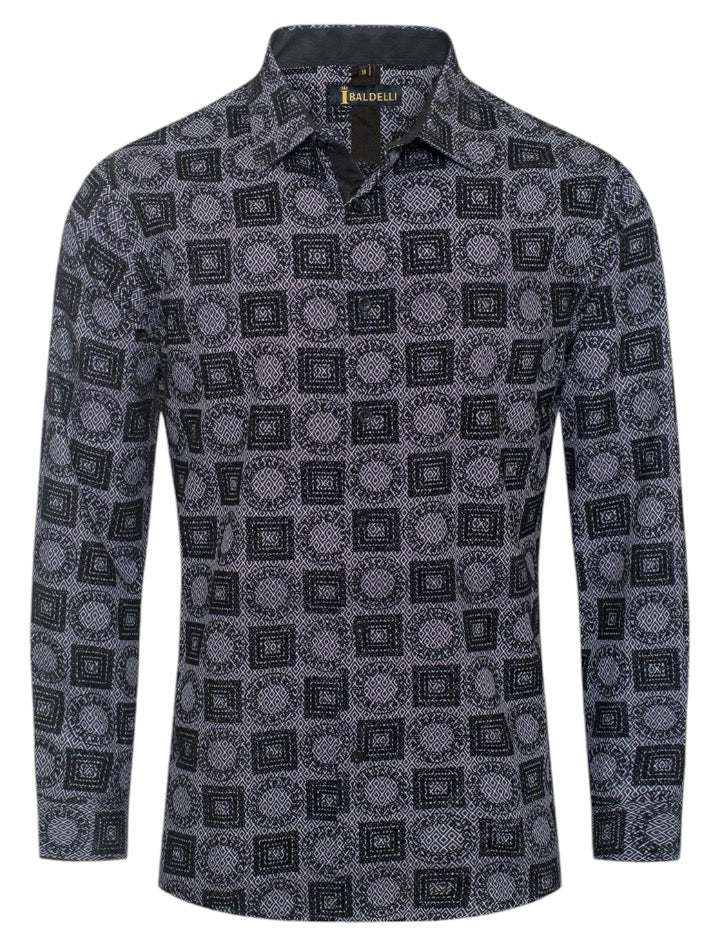 mens printed long sleeve dress shirts Black-Grey Men's Printed Shirt Luxury Brand Long Sleeve Regular-Fit Baldelli Style No: CHLS-2067, L / Black