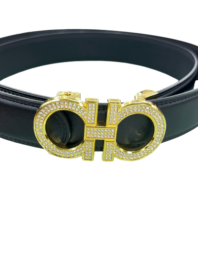 Black Men's Belt Gold Buckle with Glitter Stones Luxury Design