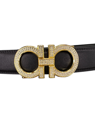 Black Men's Belt Gold Buckle with Glitter Stones Luxury Design