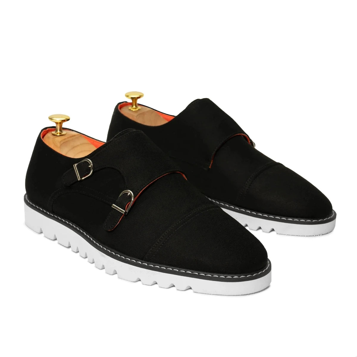 Black Men's Casual Dress Shoes Suede Double Monk Strap Oxford Sneaker