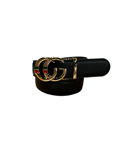 Black Men's G Gold Buckle Belt Luxury Style Red and Green Strip
