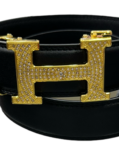 Black Men's Genuine Leather Belt H Gold Buckle with Glitter Stones