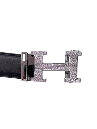 Black Men's Genuine Leather Belt H Silver Buckle with Glitter Stones