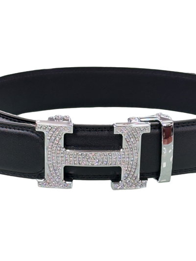 Black Men's Genuine Leather Belt H Silver Buckle with Glitter Stones