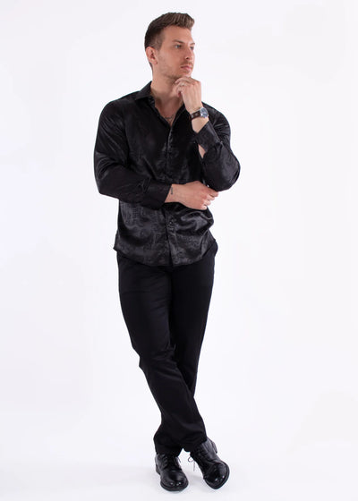 Black Men's Greek Key Long Sleeve Dress Shirt Black Shine Style No-232272